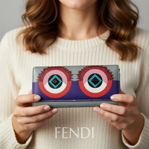 Fendi ~ Authentic Grey & Purple Jeweled Monster Eye Fold-Over Long Wallet ~ VGUC